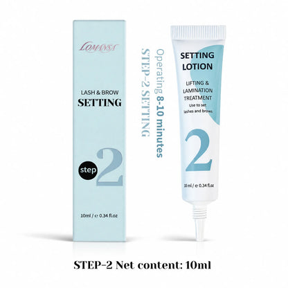Lomansa Step 2 lash and brow setting lotion, 10 ml tube and box with an 8–10 minute processing time graphic.