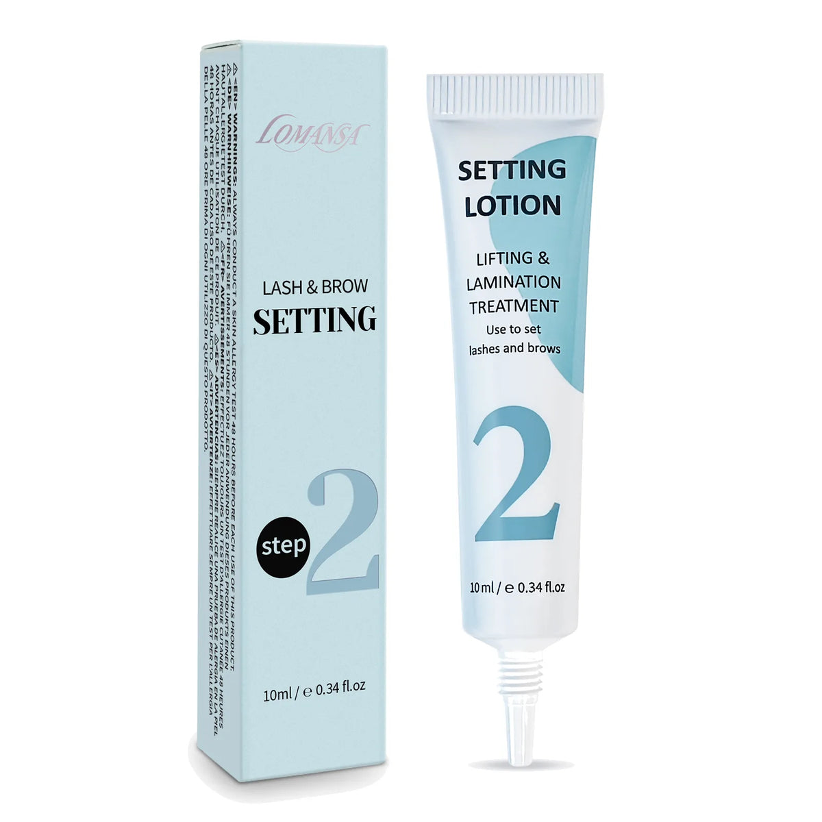 Lomansa Step 2 lash and brow setting lotion, 10 ml tube beside a light blue product box on white background.