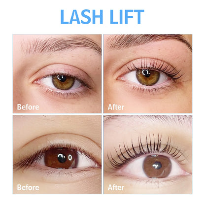 Two before-and-after lash lift comparisons showing more lifted and curled eyelashes after treatment.