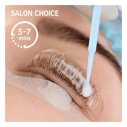 Lash lift application with white lotion spread over lashes on a curved shield, with a 5–7 minute timing graphic.