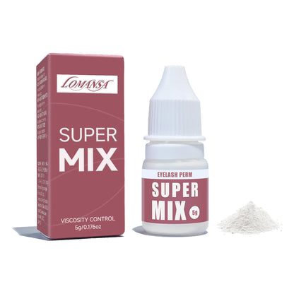 Lomansa Super Mix 5g lash lift powder with white dropper bottle, burgundy box and a small pile of powder.