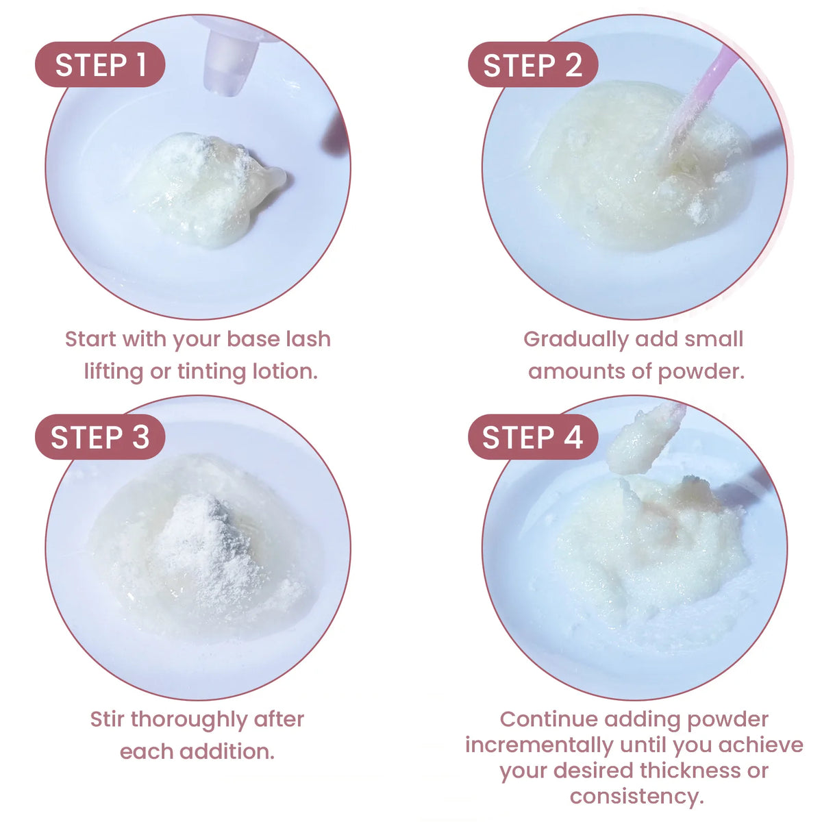 Four-step guide showing lash lift powder added gradually to lifting or tinting lotion and mixed to the desired thickness.