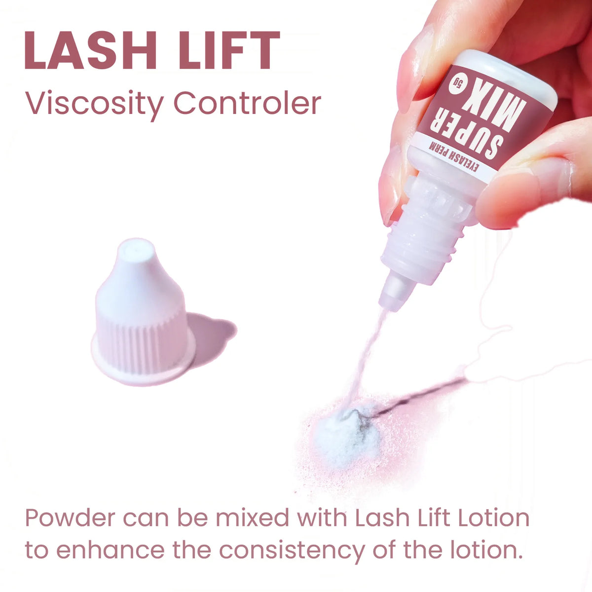 Lomansa Super Mix powder being dispensed from a small bottle to adjust the consistency of lash lift lotion.