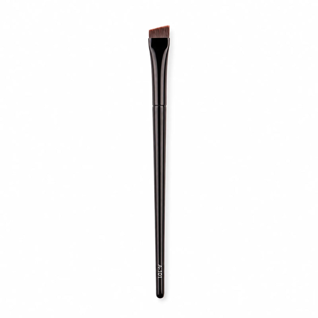 Lomansa A-101 angled eyebrow brush with a glossy black handle and slanted brown bristles on a white background.