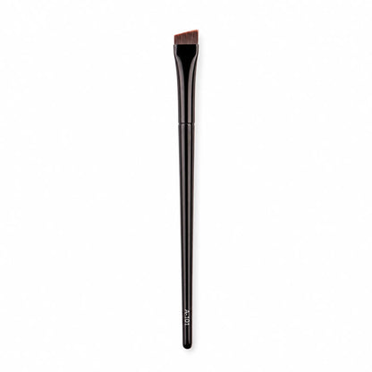 Lomansa A-101 angled eyebrow brush with a glossy black handle and slanted brown bristles on a white background.