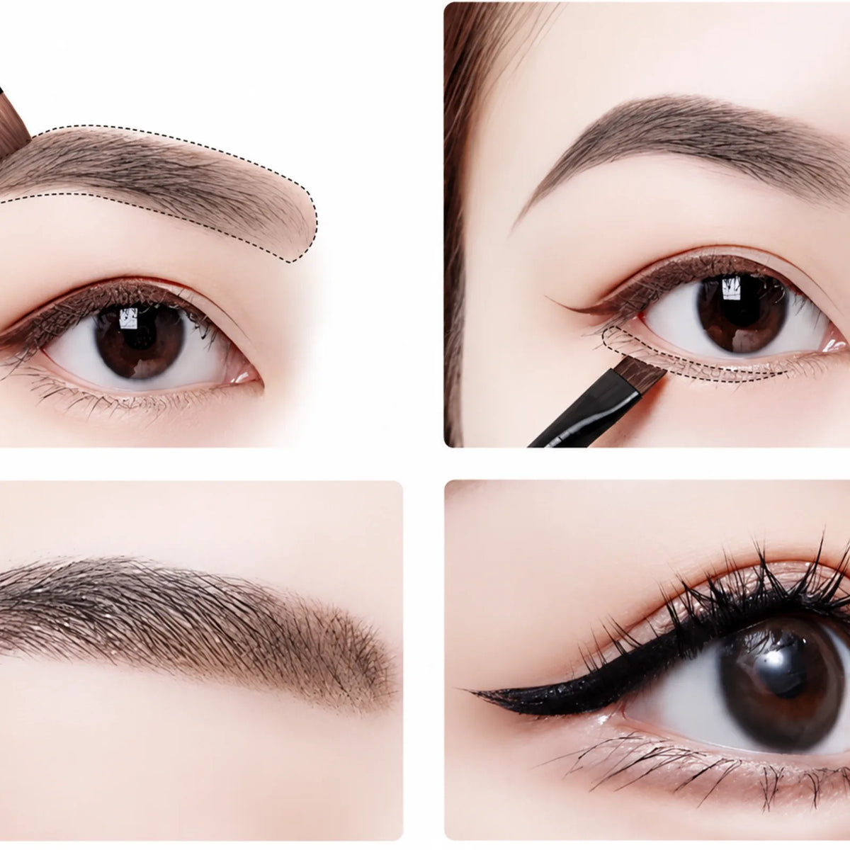 Lomansa angled eyebrow brush used for brow shaping and eyeliner detailing in a four-panel eye makeup demonstration.