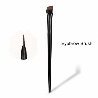 Lomansa angled eyebrow brush with a close-up inset showing the narrow, slanted bristle edge for brow definition.