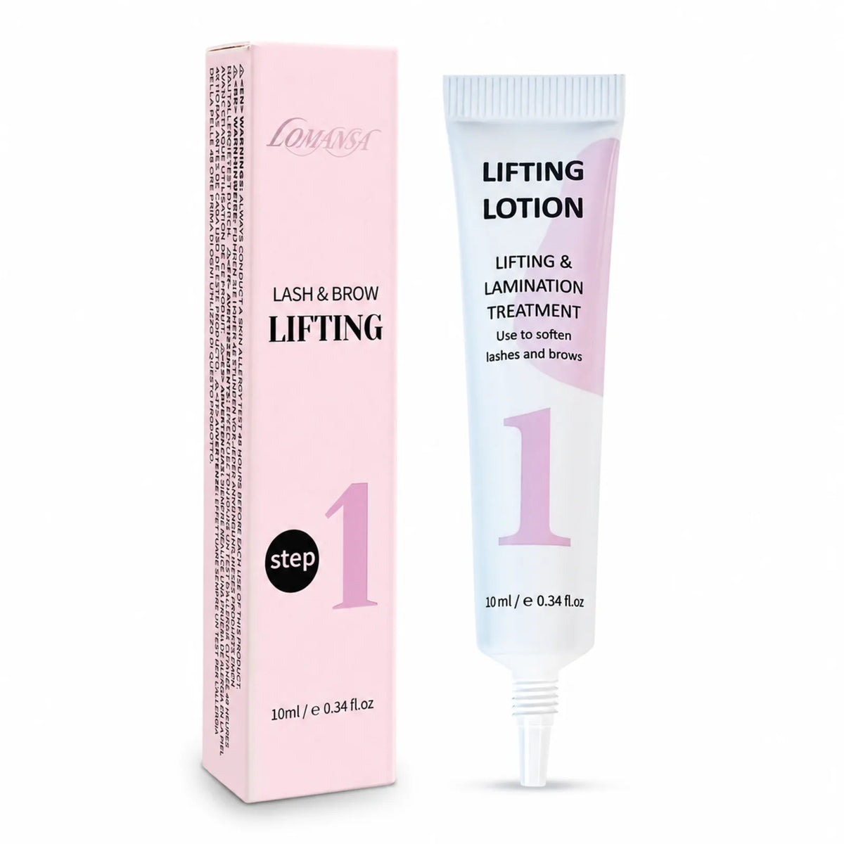 Lomansa Step 1 lash and brow lifting lotion, 10ml tube and pink box, shown with pointed applicator nozzle.
