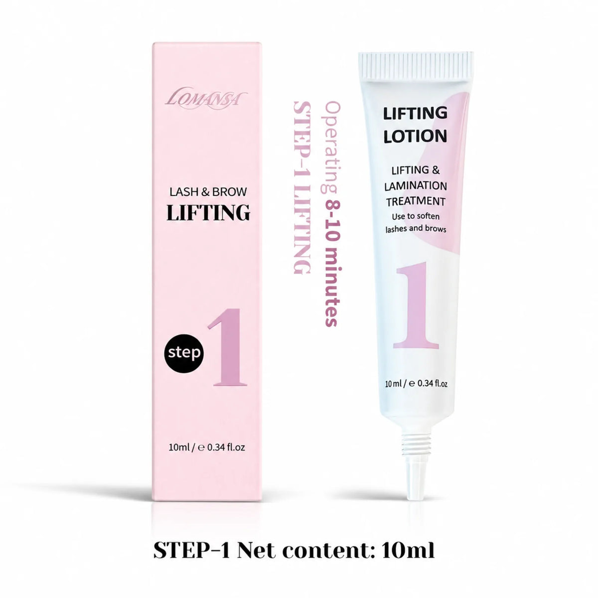 Lomansa Step 1 lash and brow lifting lotion, 10ml tube and pink box, with an illustrated 8-10 minute processing time.