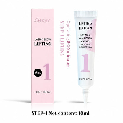 Lomansa Step 1 lash and brow lifting lotion, 10ml tube and pink box, with an illustrated 8-10 minute processing time.