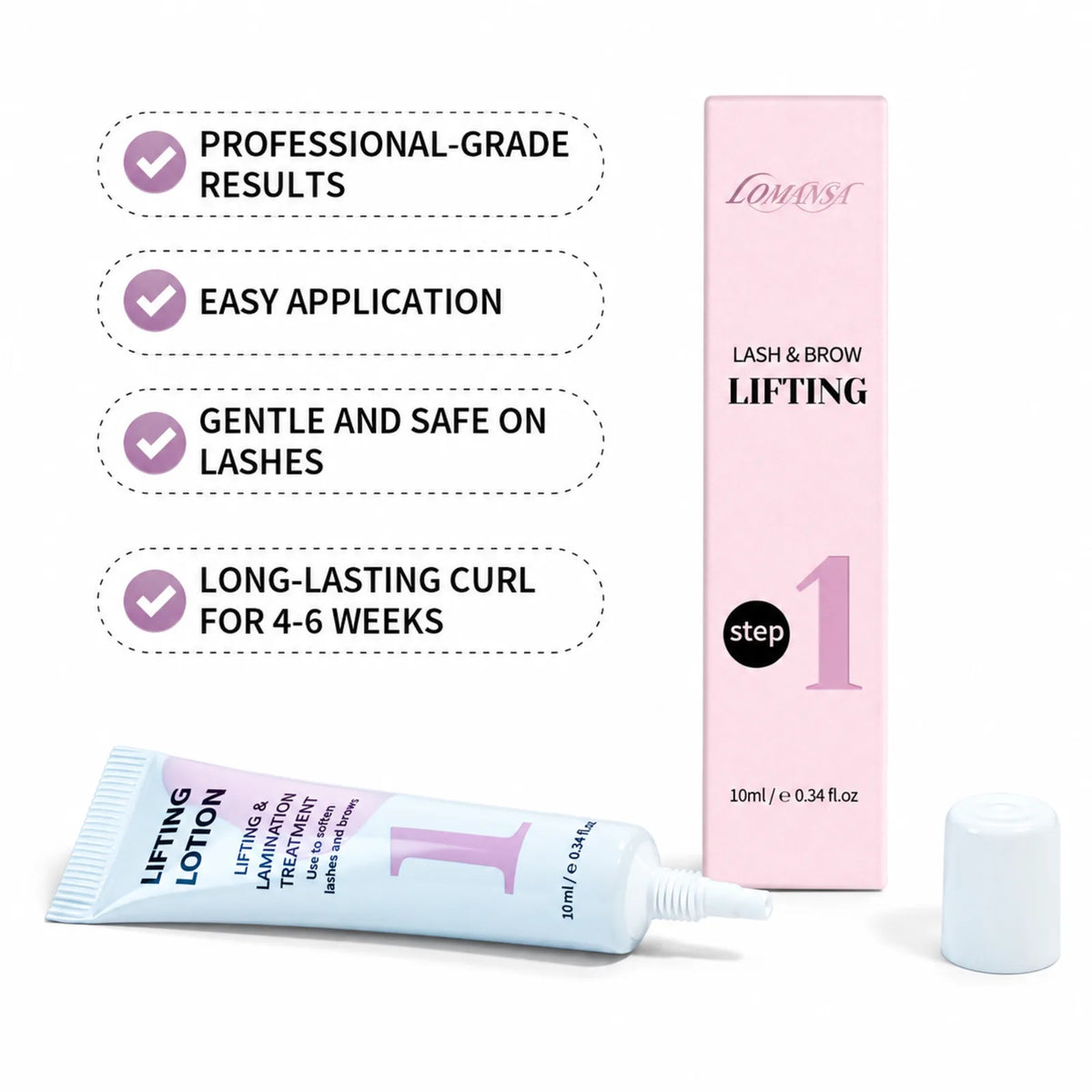 Lomansa Step 1 lash and brow lifting lotion beside its pink box, with feature highlights for salon use.