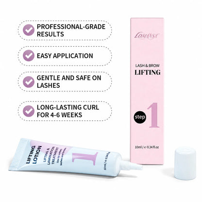 Lomansa Step 1 lash and brow lifting lotion beside its pink box, with feature highlights for salon use.