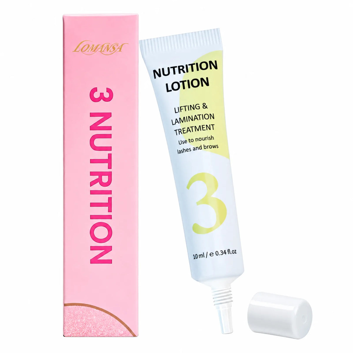 Lomansa Step 3 lash and brow nutrition lotion, 10ml tube with a pink carton and removable white cap.