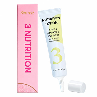Lomansa Step 3 lash and brow nutrition lotion, 10ml tube with a pink carton and removable white cap.