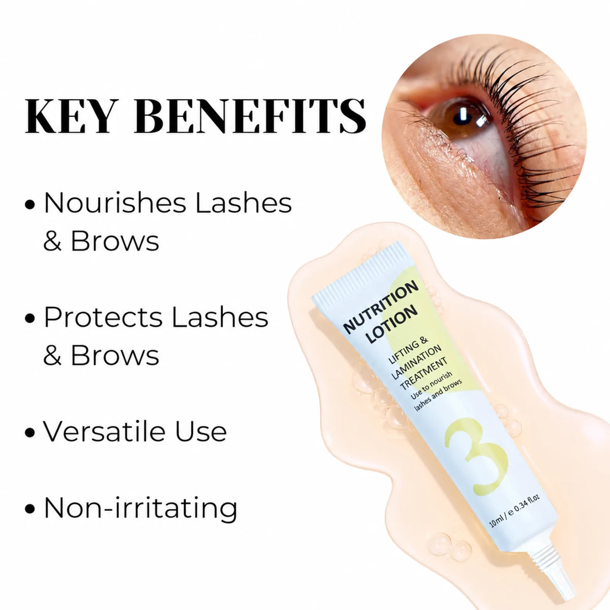 Lomansa Step 3 lash and brow nutrition lotion infographic showing a curled lash close-up and product benefits.