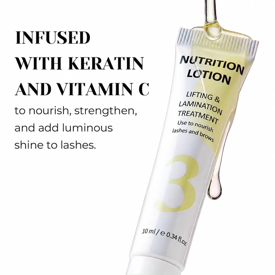 Lomansa Step 3 nutrition lotion tube with yellow serum droplets and a graphic highlighting keratin and vitamin C.