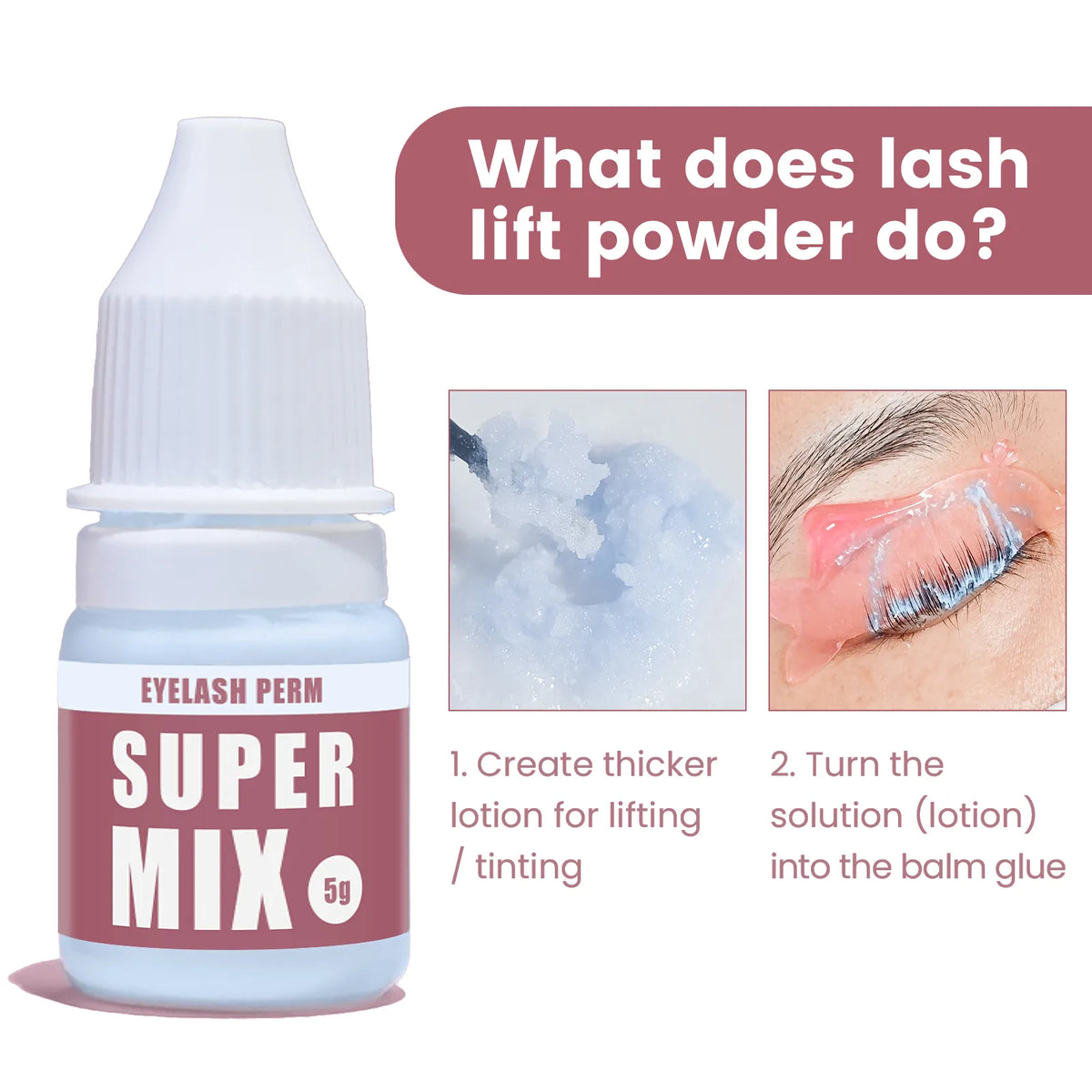  Lomansa Super Mix 5g lash lift powder infographic showing thicker lotion and balm-like texture for lash treatments.
