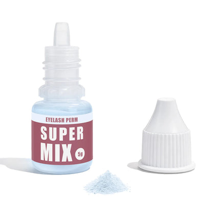 Opened Lomansa Super Mix 5g powder bottle with its white cap and a small pile of pale blue powder.