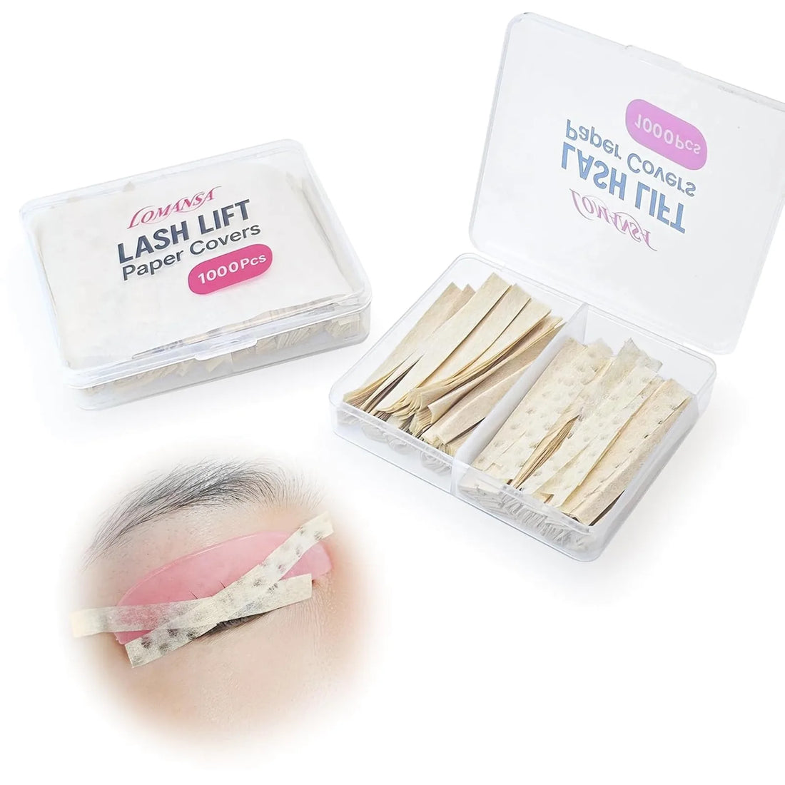 Lomansa lash lift paper covers, 1000 pieces in open and closed storage cases, with a lash application example.