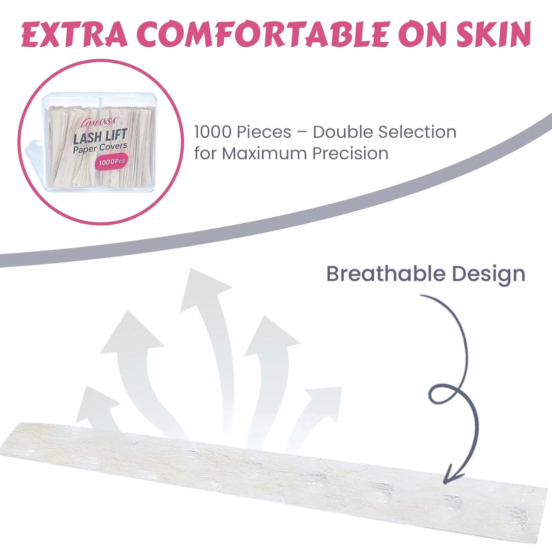 Lomansa lash lift paper covers in a 1000-piece box, showing breathable perforated strips for lash lifting.