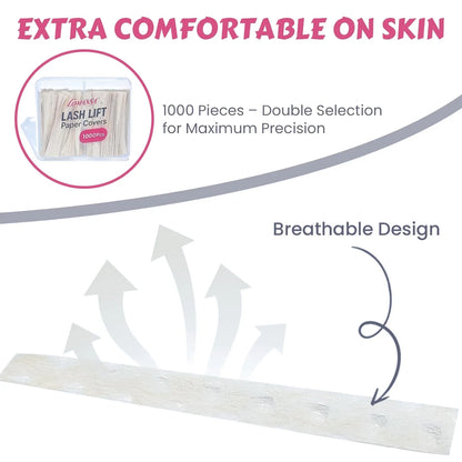 Lomansa lash lift paper covers in a 1000-piece box, showing breathable perforated strips for lash lifting.