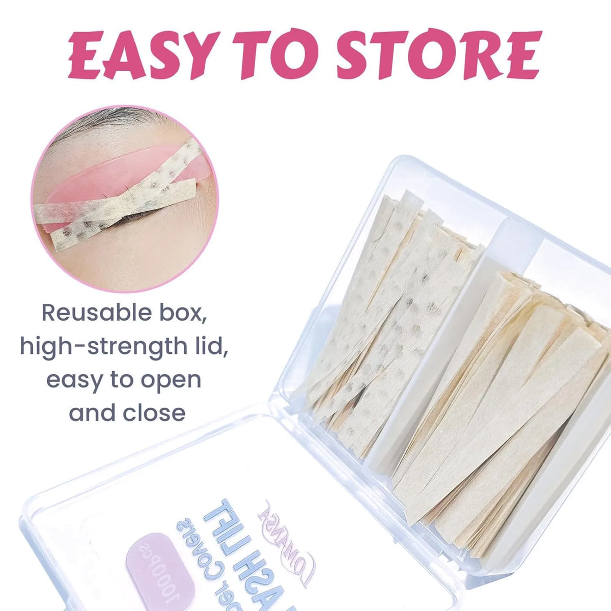 Lomansa lash lift paper covers neatly arranged in two compartments of an open reusable plastic storage box.