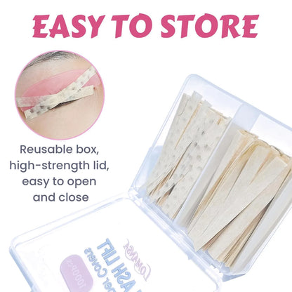 Lomansa lash lift paper covers neatly arranged in two compartments of an open reusable plastic storage box.