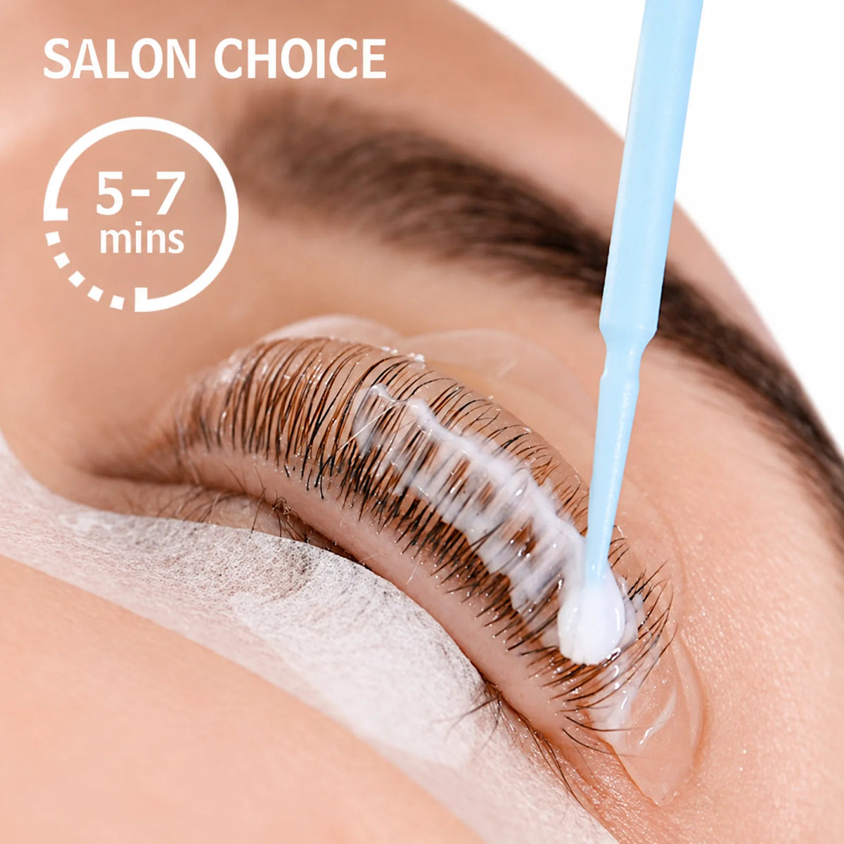 Lomansa Step 1 lash lift perming lotion applied to eyelashes on a silicone shield, with 5-7 minute timing shown.