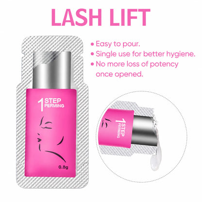 Lomansa Step 1 lash lift perming lotion in a 0.8g sachet, with a detail showing lotion dispensing from an opened pack.