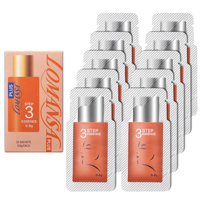 Lomansa Step 3 lash lift essence box with ten individually packed 0.8g sachets in orange packaging.