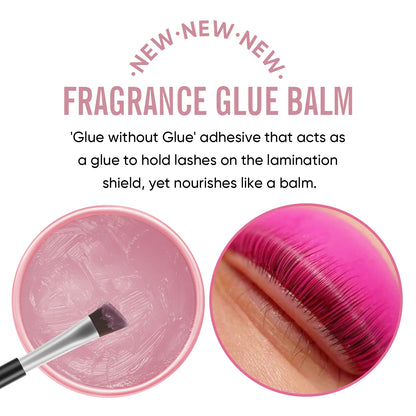 Pink lash lift balm glue texture with brush and a close-up of lifted lashes