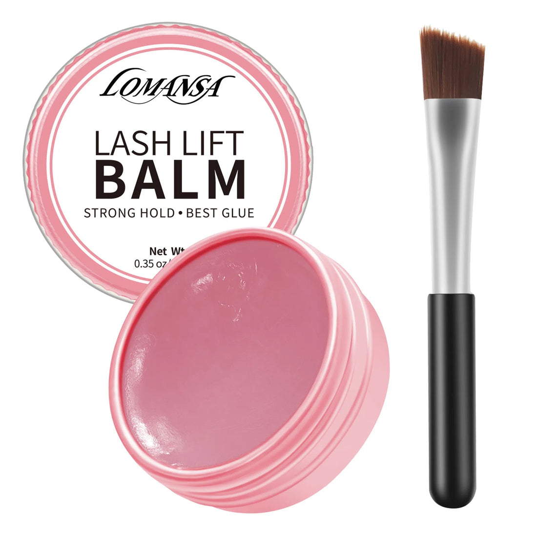 LOMANSA 10g lash lift balm glue in a pink tin with applicator brush