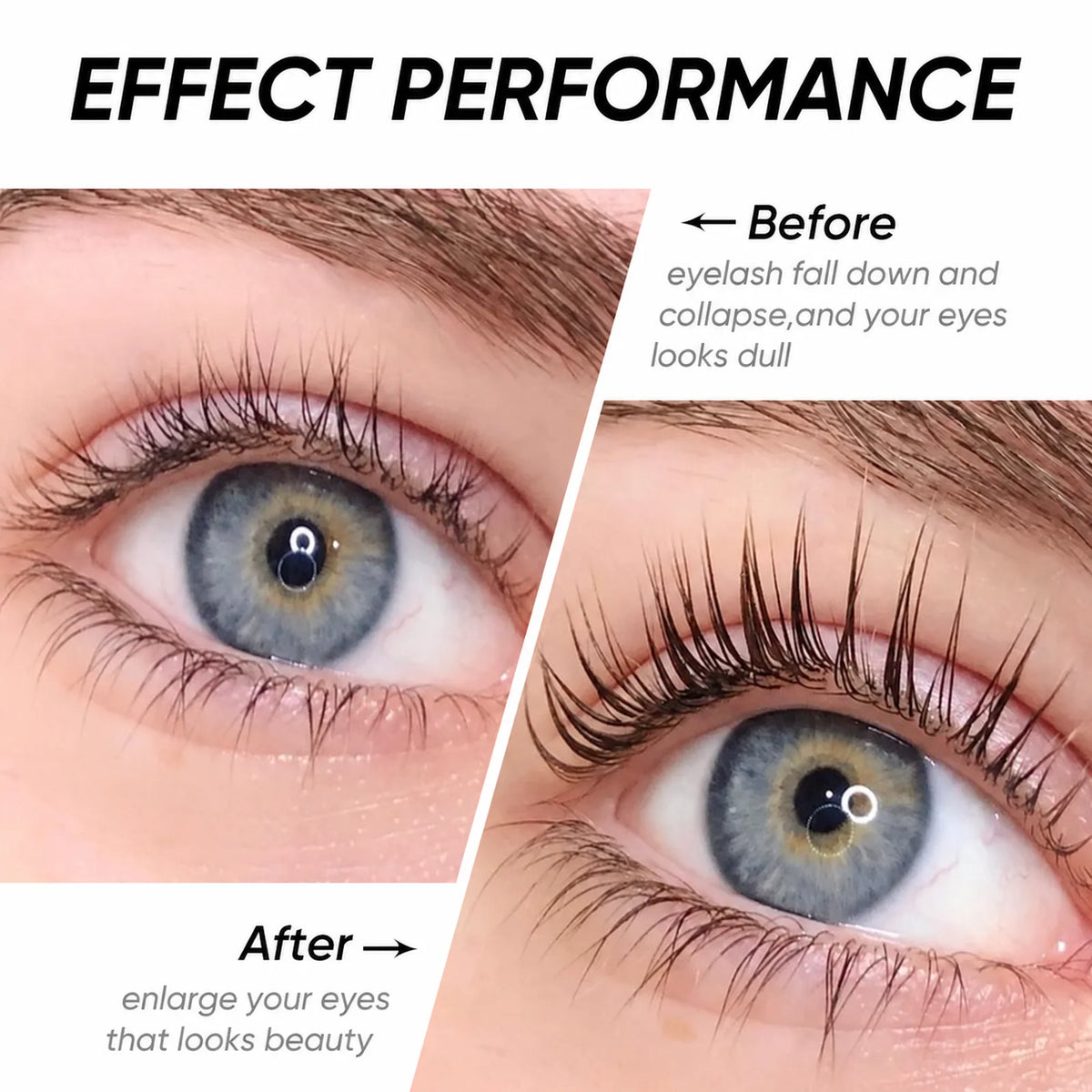 Before and after close-up of eyelashes showing increased lift, curl and definition.