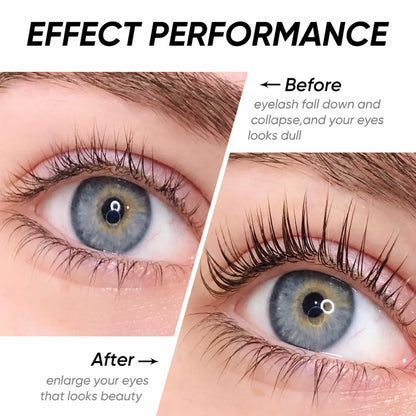 Before and after close-up of eyelashes showing increased lift, curl and definition.