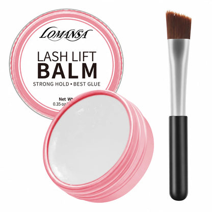 Pink LOMANSA 10g lash lift balm glue jar opened beside the matching lid and angled brush on a white background.