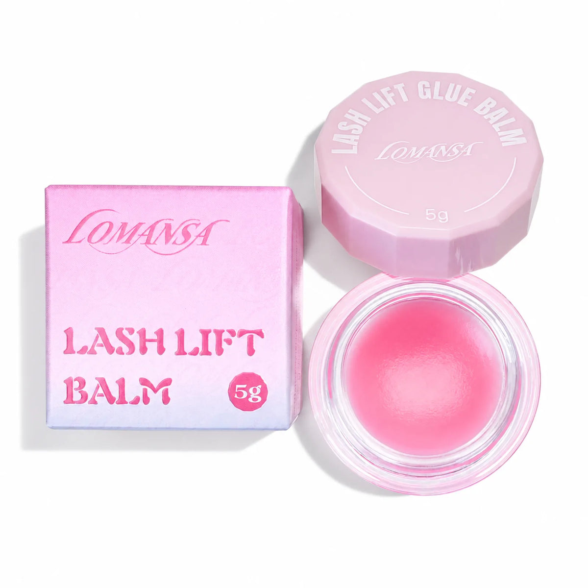 LOMANSA 5g lash lift balm set with product box, pink lid and open balm jar