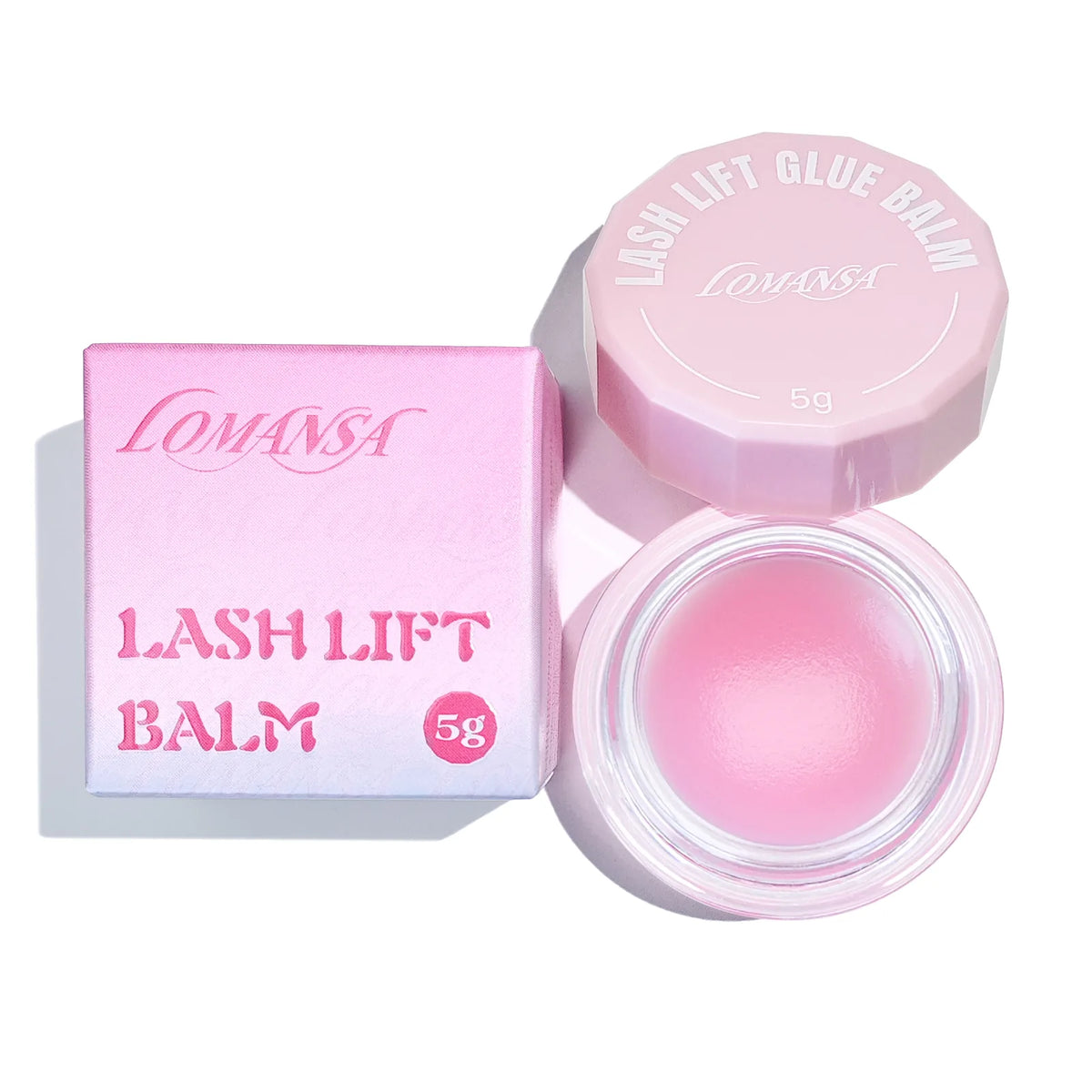 LOMANSA 5g rose lash lift balm glue with box, closed jar, and open jar showing pink balm