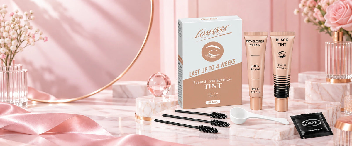 Lomansa black lash and brow tint kit with 8ml tint, developer cream, applicator brushes, mixing spoon and disposable gloves.