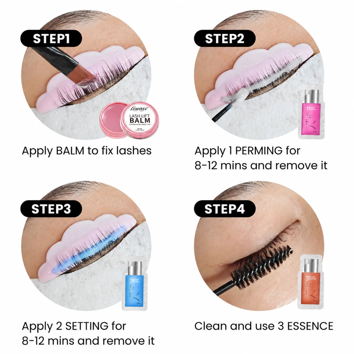 Four-step LOMANSA lash lift illustration showing balm, perming, setting and essence application.