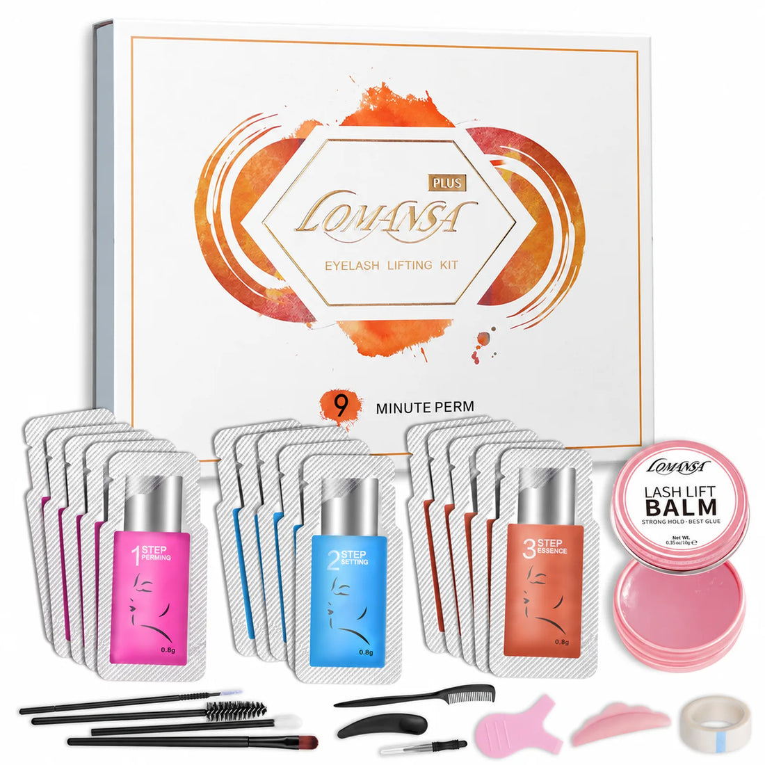 LOMANSA lash and brow lift kit with three-step treatment sachets, lash lift balm, silicone shields and application tools.
