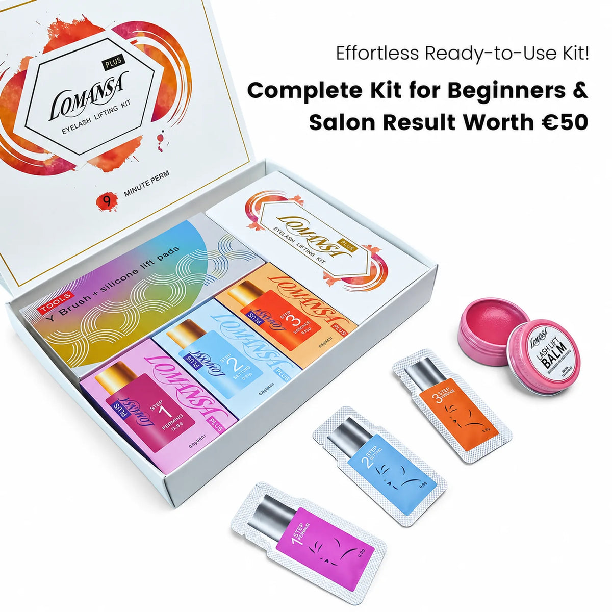 Open LOMANSA lash lift kit box with three-step treatment sachets, tools compartment and pink lash lift balm.