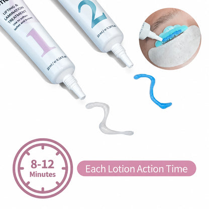 LOMANSA lifting and setting lotion tubes showing cream texture and an 8–12 minute lash processing time.