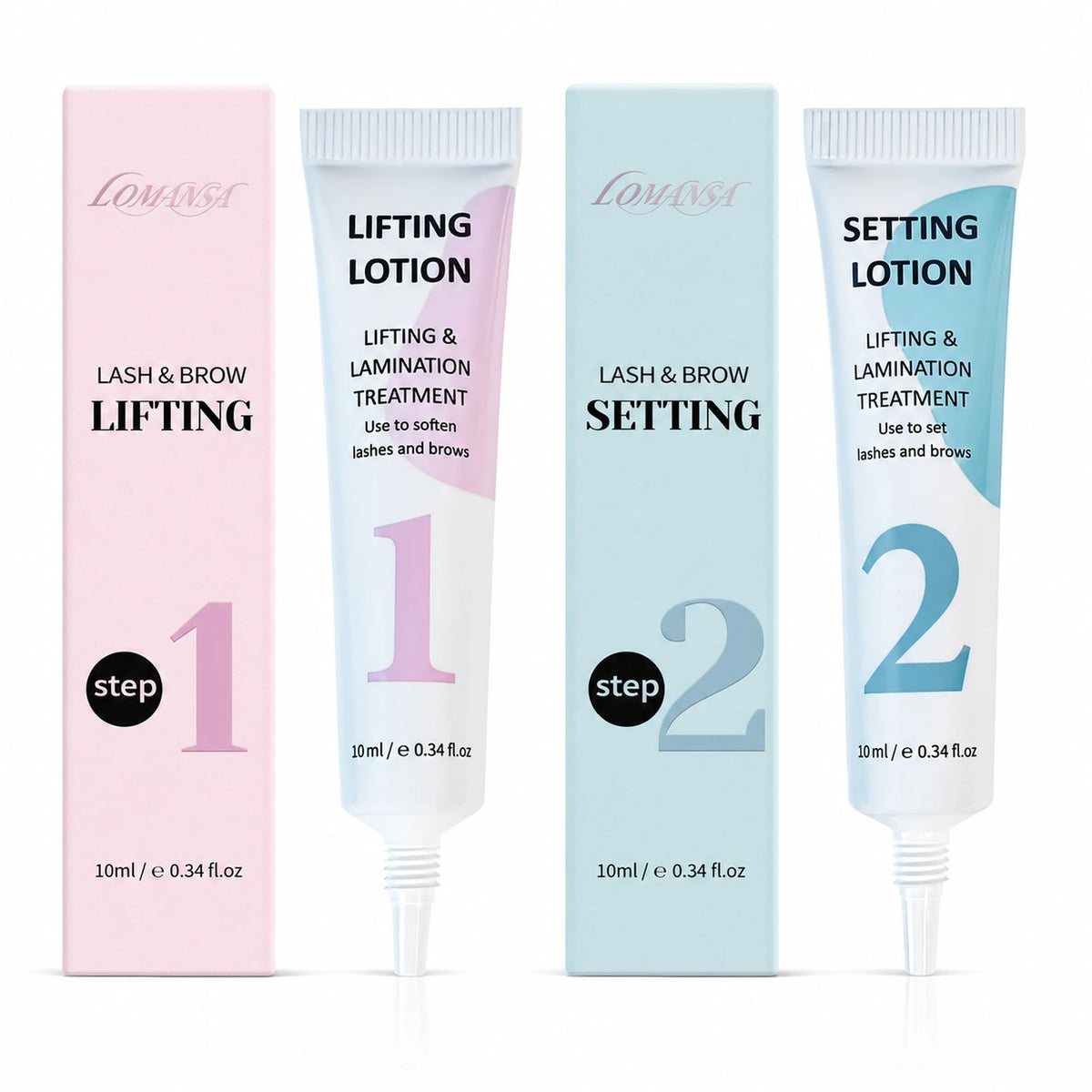 LOMANSA lash and brow lift lotion set with Step 1 lifting lotion and Step 2 setting lotion in 10 ml tubes.