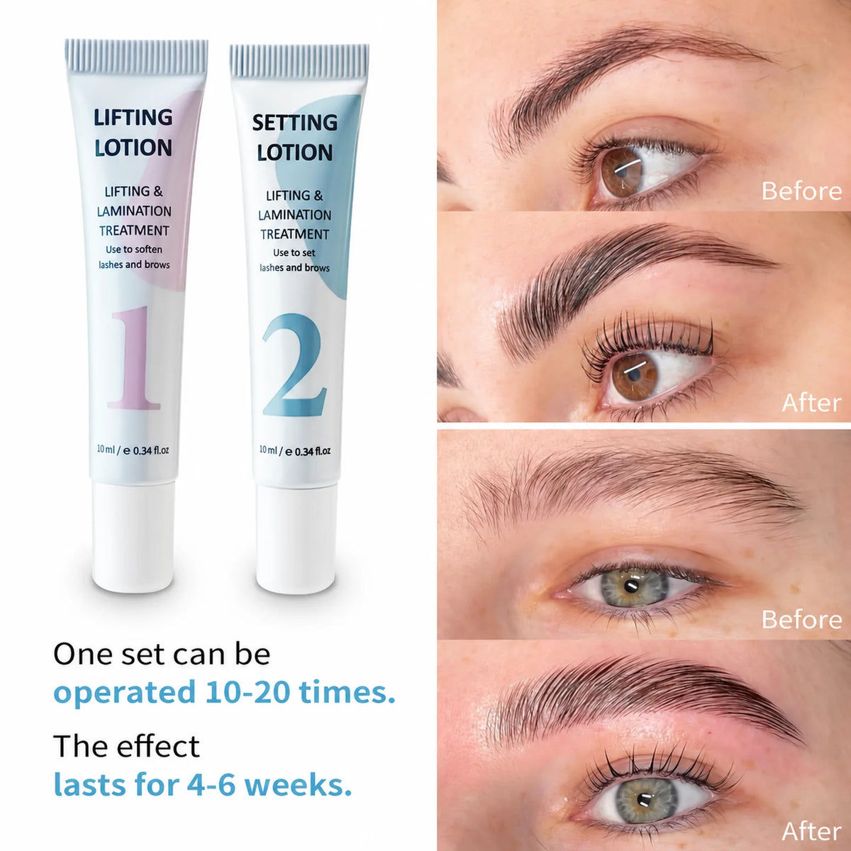 LOMANSA lifting and setting lotion tubes with 10 ml capacity, 10–20 treatments and 4–6 week results.