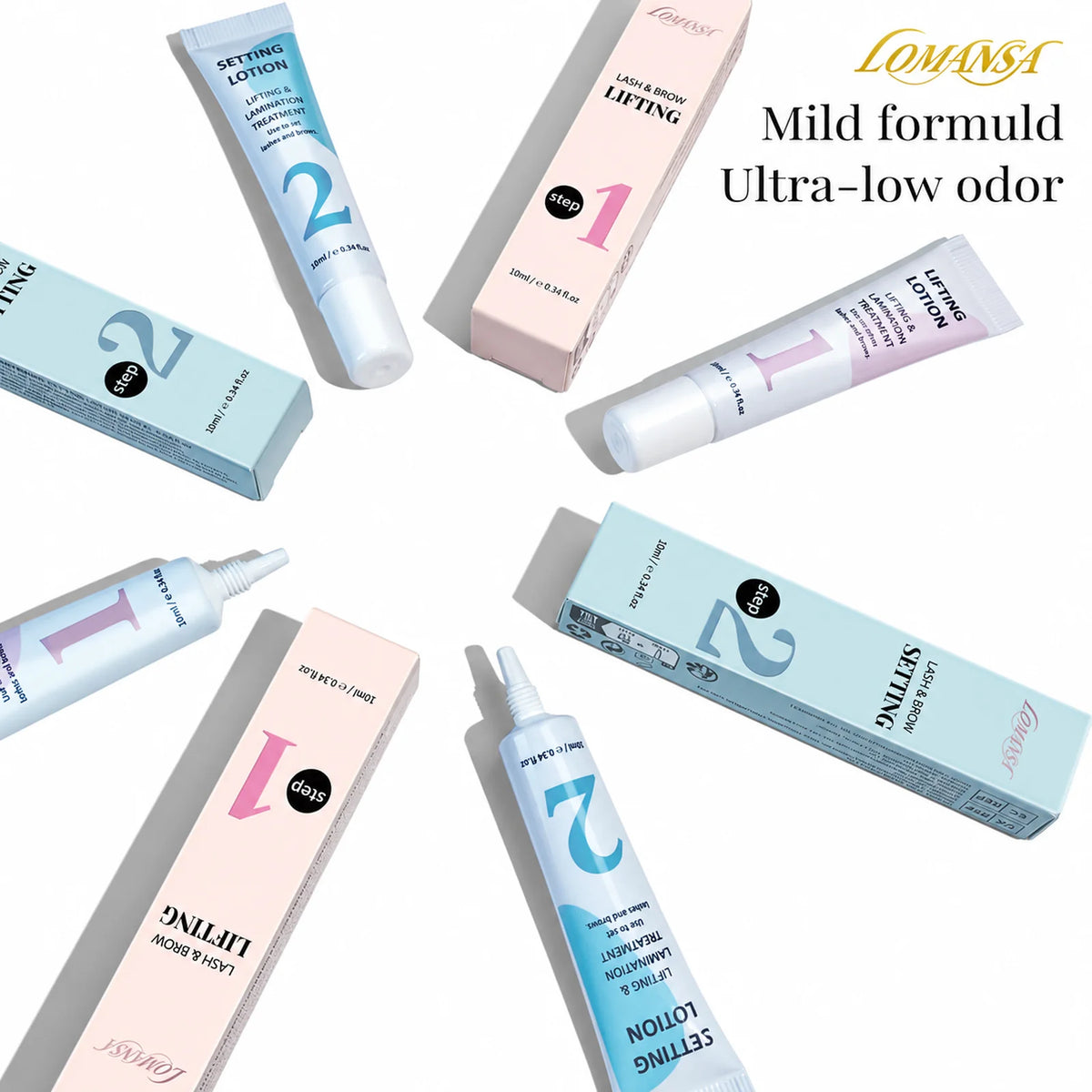 LOMANSA lash and brow lift lotion set with Step 1 and Step 2 tubes and matching product boxes.