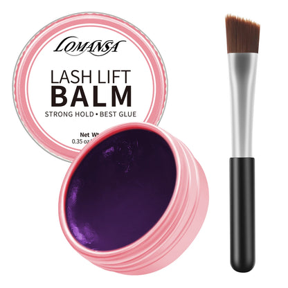 LOMANSA grape lash lift balm with open purple balm jar and angled application brush on a white background.
