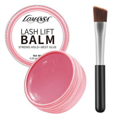 LOMANSA peach lash lift balm with pink balm jar and angled applicator brush on a white background.