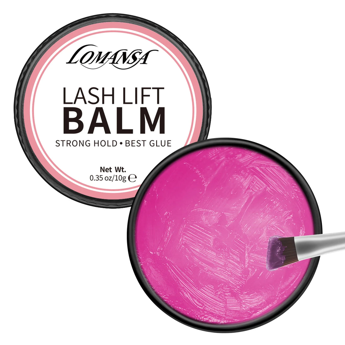 LOMANSA hot pink lash lift balm with open 10 g jar and angled applicator brush on a white background.