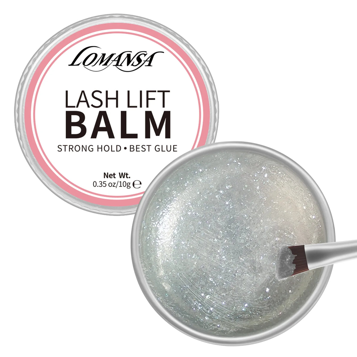 LOMANSA silver glitter lash lift balm with open 10 g jar and angled applicator brush on a white background.