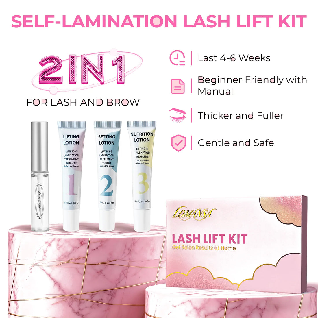 LOMANSA 2-in-1 lash lift and brow lamination kit with adhesive and three numbered lotion tubes beside pink packaging.